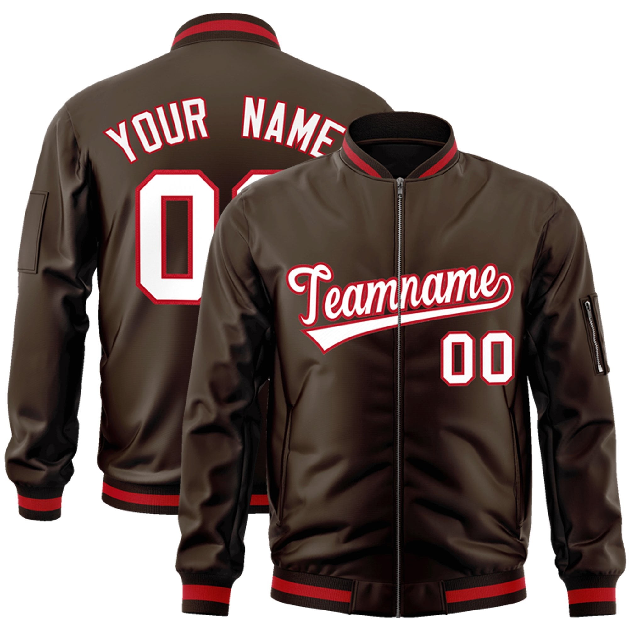 Custom Brown White-Red Varsity Full-Zip Letterman Bomber Jacket