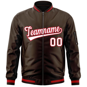 Custom Brown White-Red Varsity Full-Zip Letterman Bomber Jacket