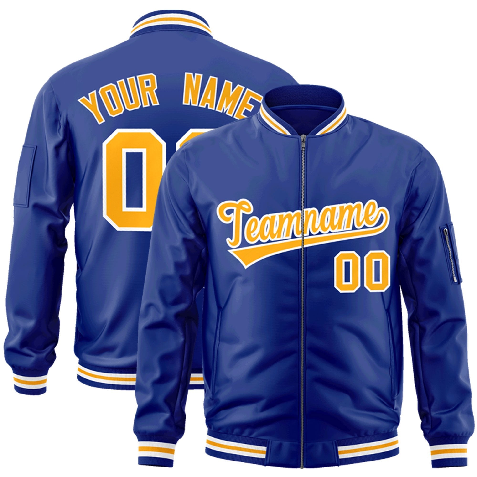 Custom Royal Gold-White Varsity Full-Zip Letterman Bomber Jacket