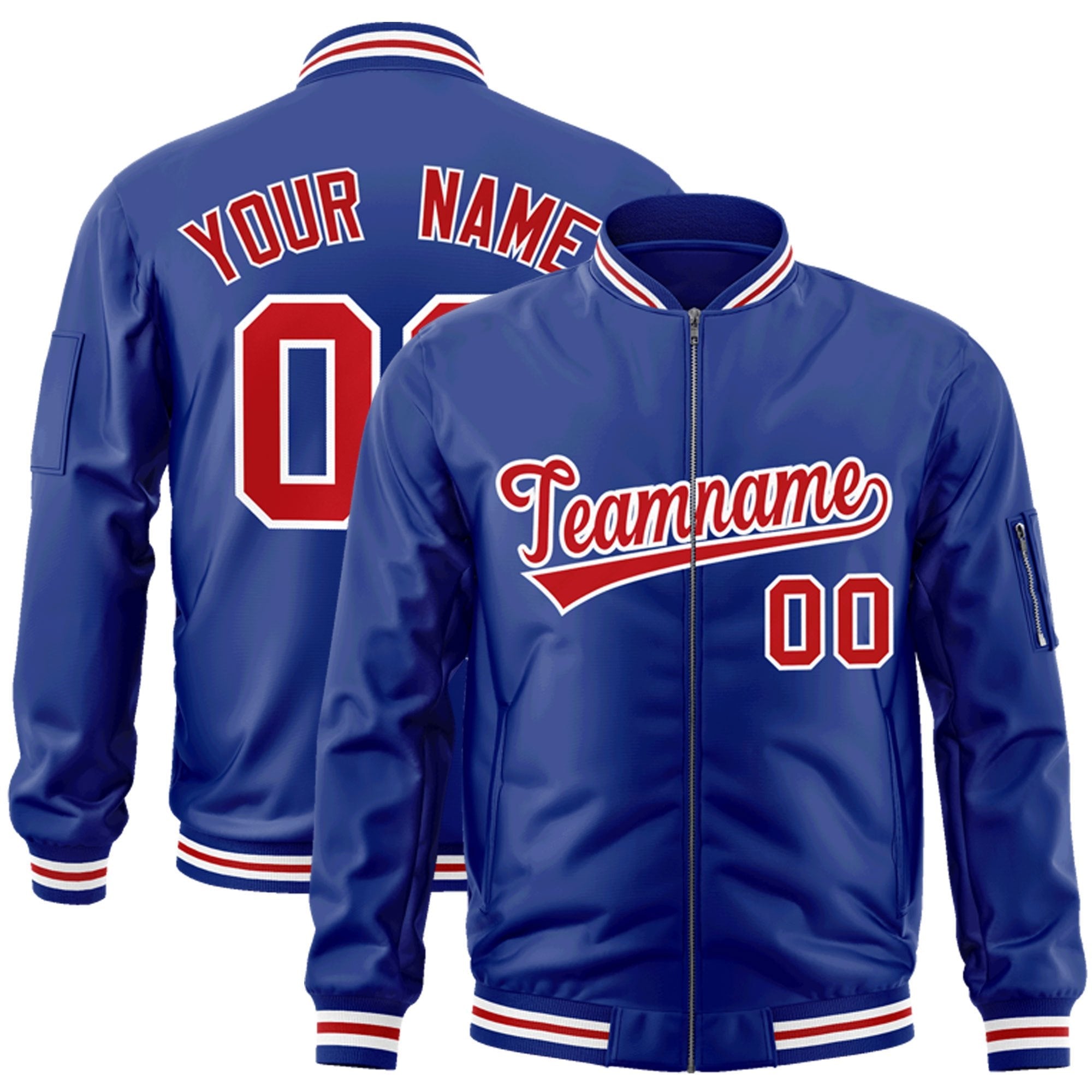 Custom Royal Red-White Varsity Full-Zip Letterman Bomber Jacket