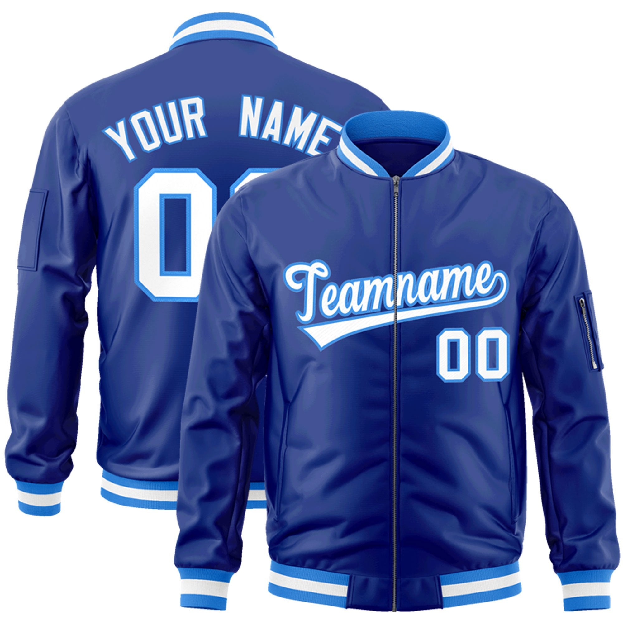 Custom Royal White-Powder Blue Varsity Full-Zip Letterman Bomber Jacket