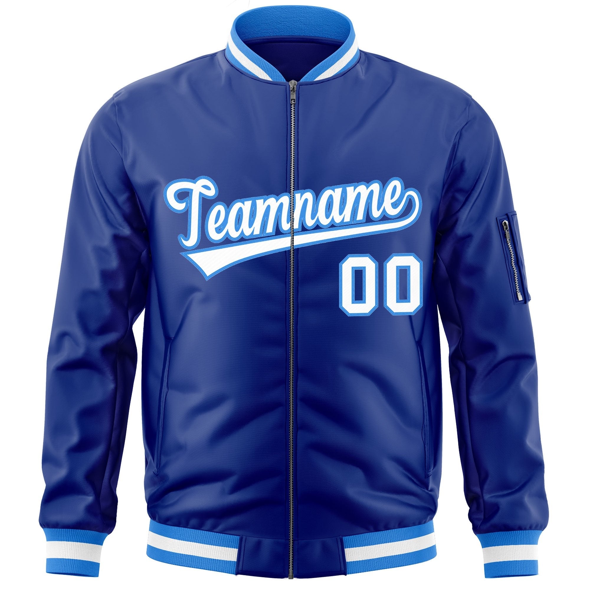 Custom Royal White-Powder Blue Varsity Full-Zip Letterman Bomber Jacket