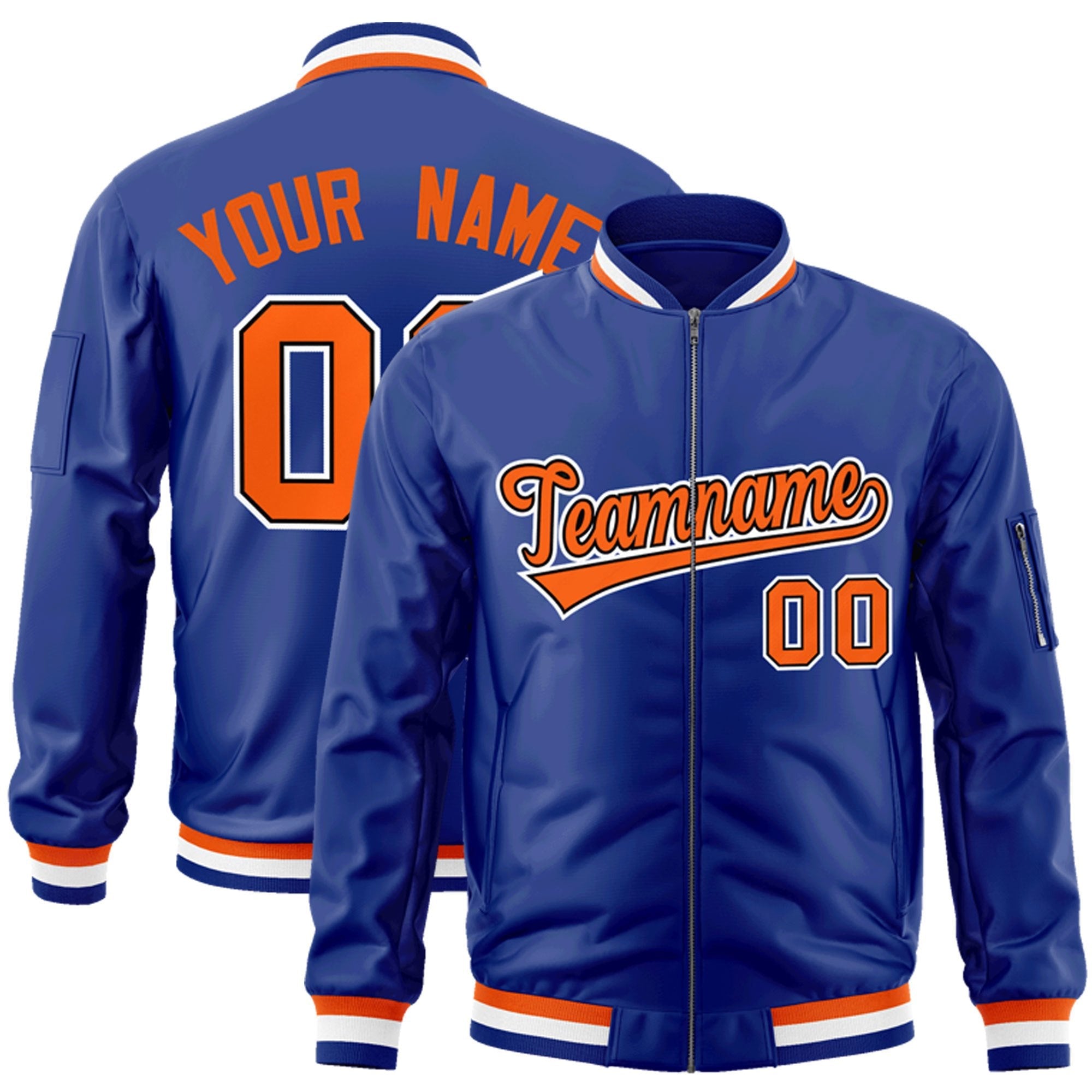 Custom Royal Orange-White Varsity Full-Zip Letterman Bomber Jacket