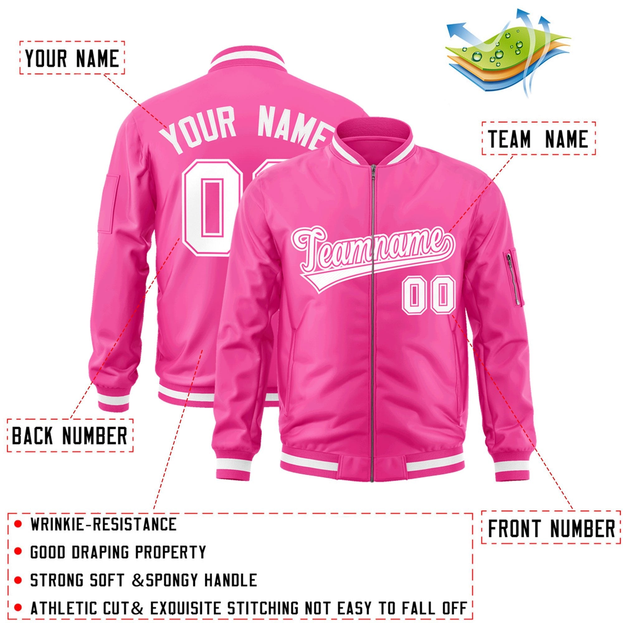 Custom Pink White Varsity Full-Zip Letterman Bomber Jacket