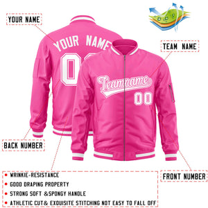 Custom Pink White Varsity Full-Zip Letterman Bomber Jacket