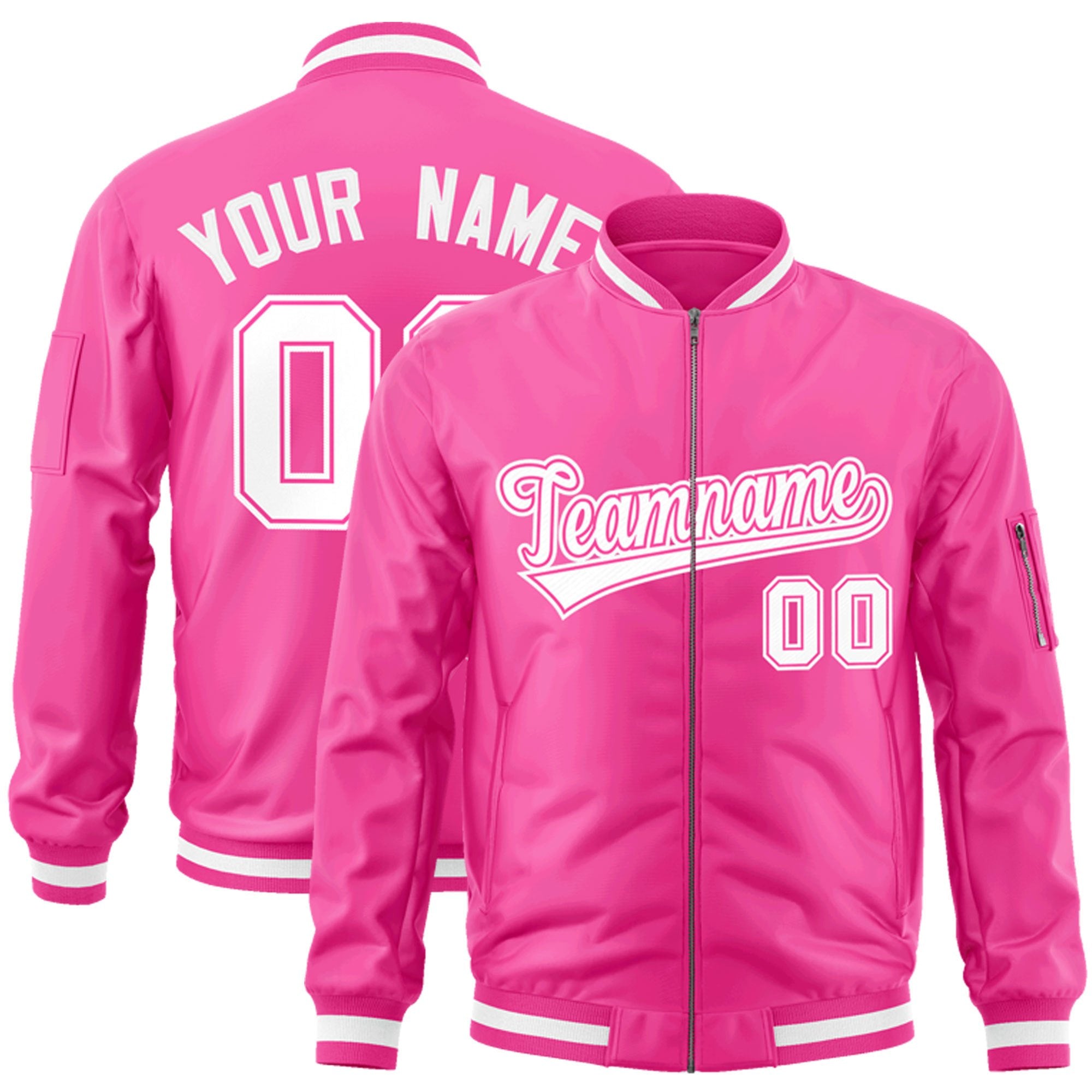 Custom Pink White Varsity Full-Zip Letterman Bomber Jacket