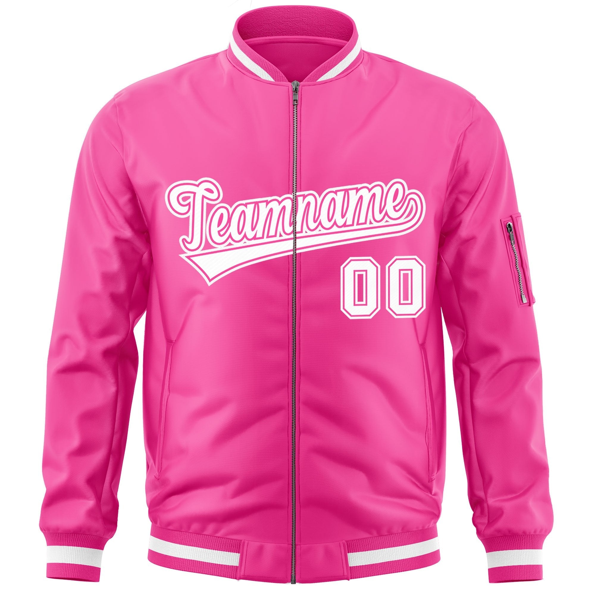 Custom Pink White Varsity Full-Zip Letterman Bomber Jacket