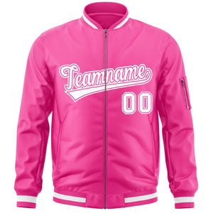 Custom Pink White Varsity Full-Zip Letterman Bomber Jacket