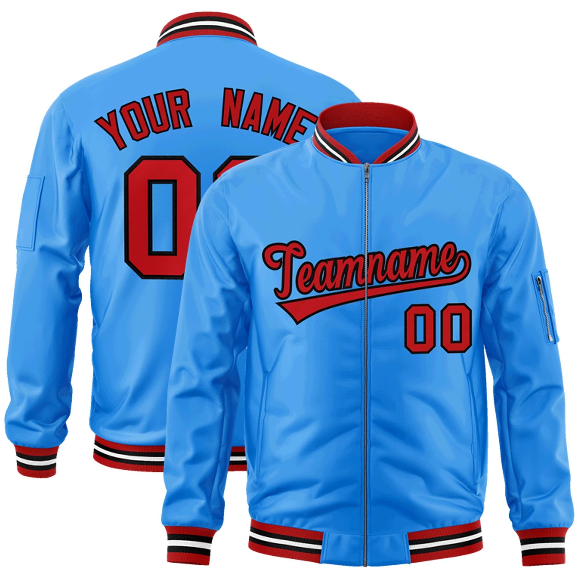 Custom Powder Blue Red-Black Varsity Full-Zip Letterman Bomber Jacket