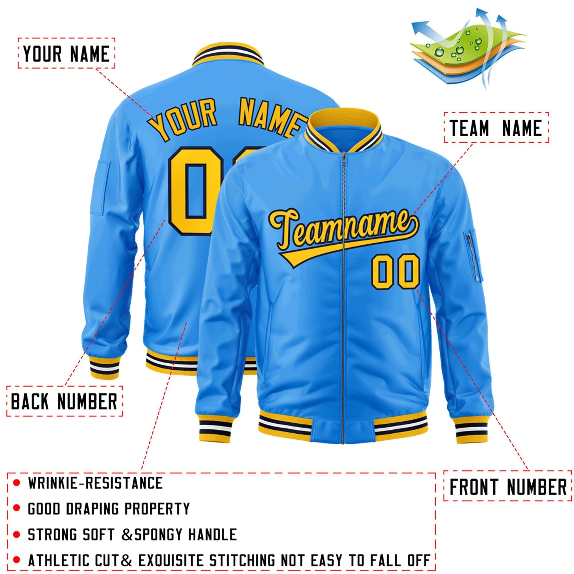 Custom Powder Blue Gold-Black Varsity Full-Zip Letterman Bomber Jacket