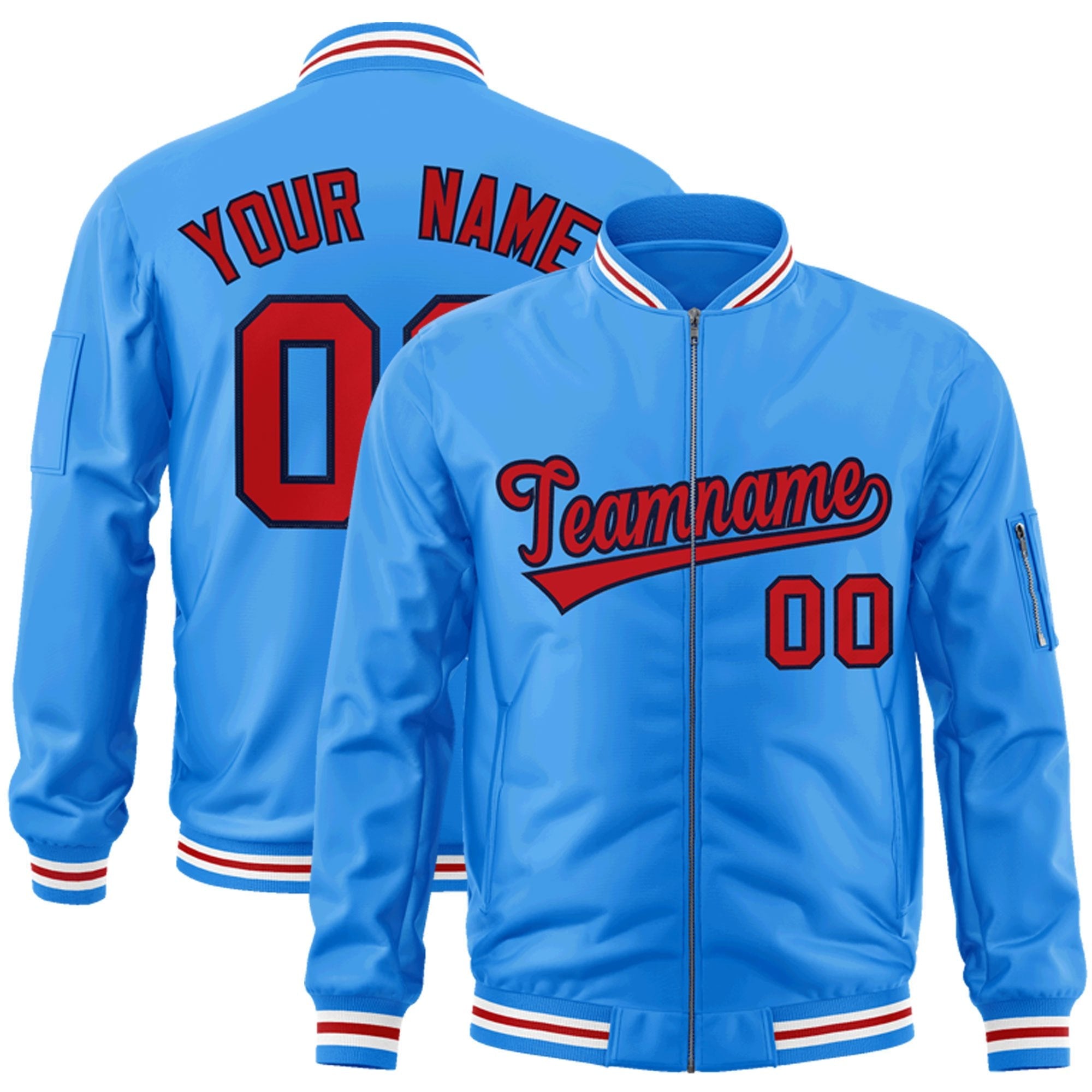 Custom Powder Blue Red-Navy Varsity Full-Zip Letterman Bomber Jacket