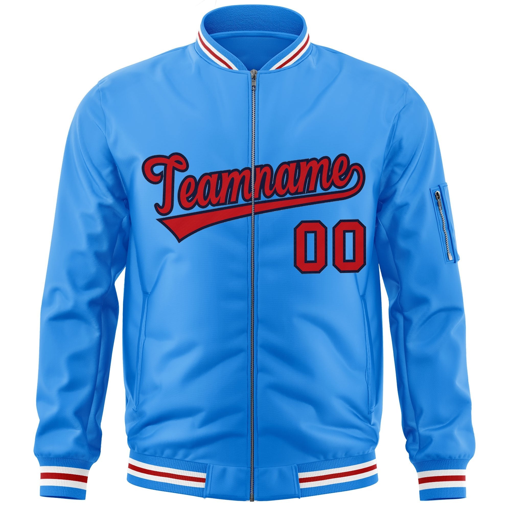 Custom Powder Blue Red-Navy Varsity Full-Zip Letterman Bomber Jacket