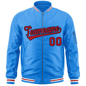 Custom Powder Blue Red-Navy Varsity Full-Zip Letterman Bomber Jacket