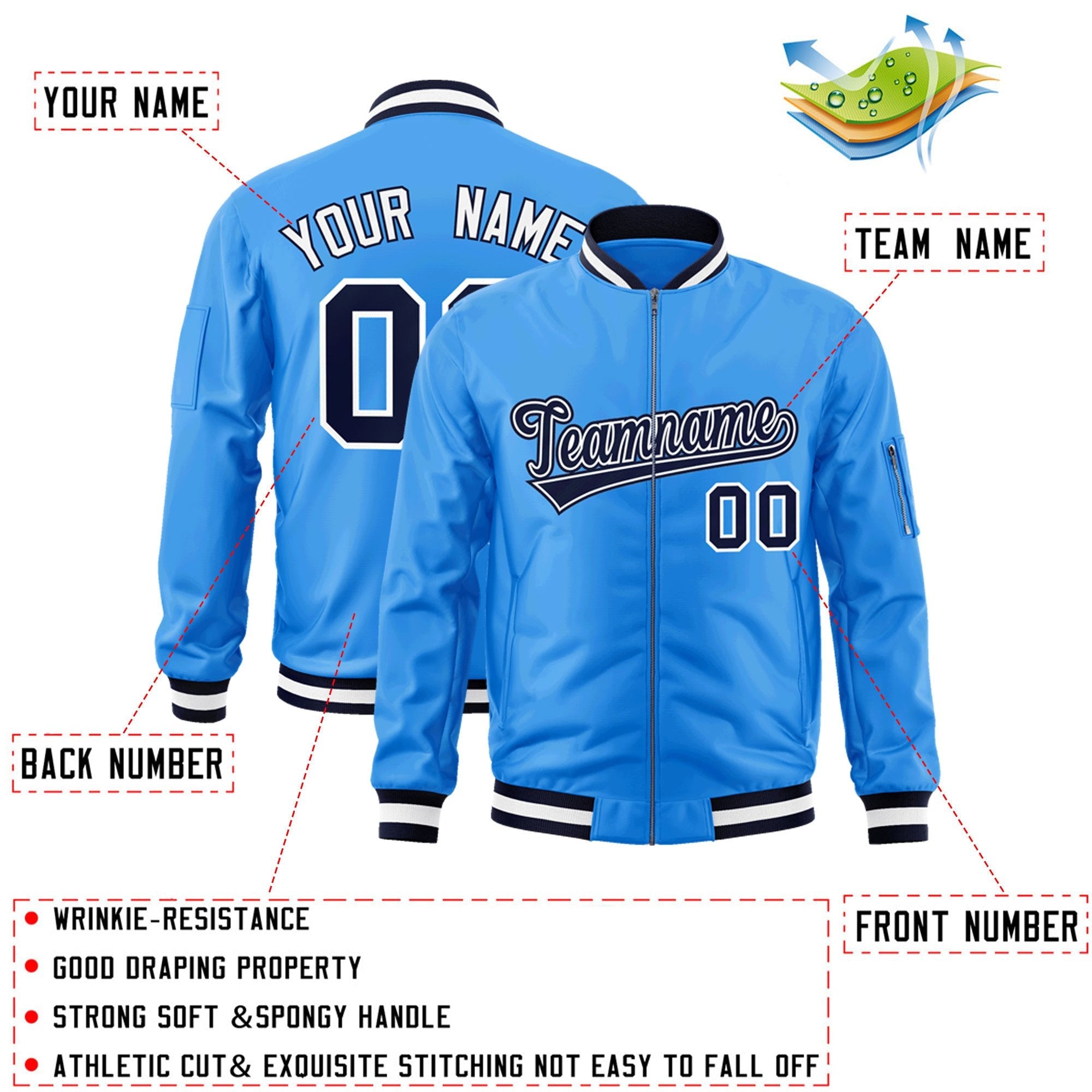 Custom Powder Blue Navy-White Varsity Full-Zip Letterman Bomber Jacket