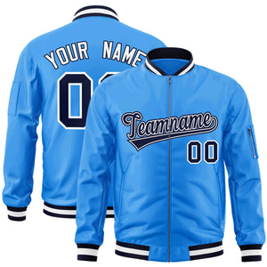 Custom Powder Blue Navy-White Varsity Full-Zip Letterman Bomber Jacket