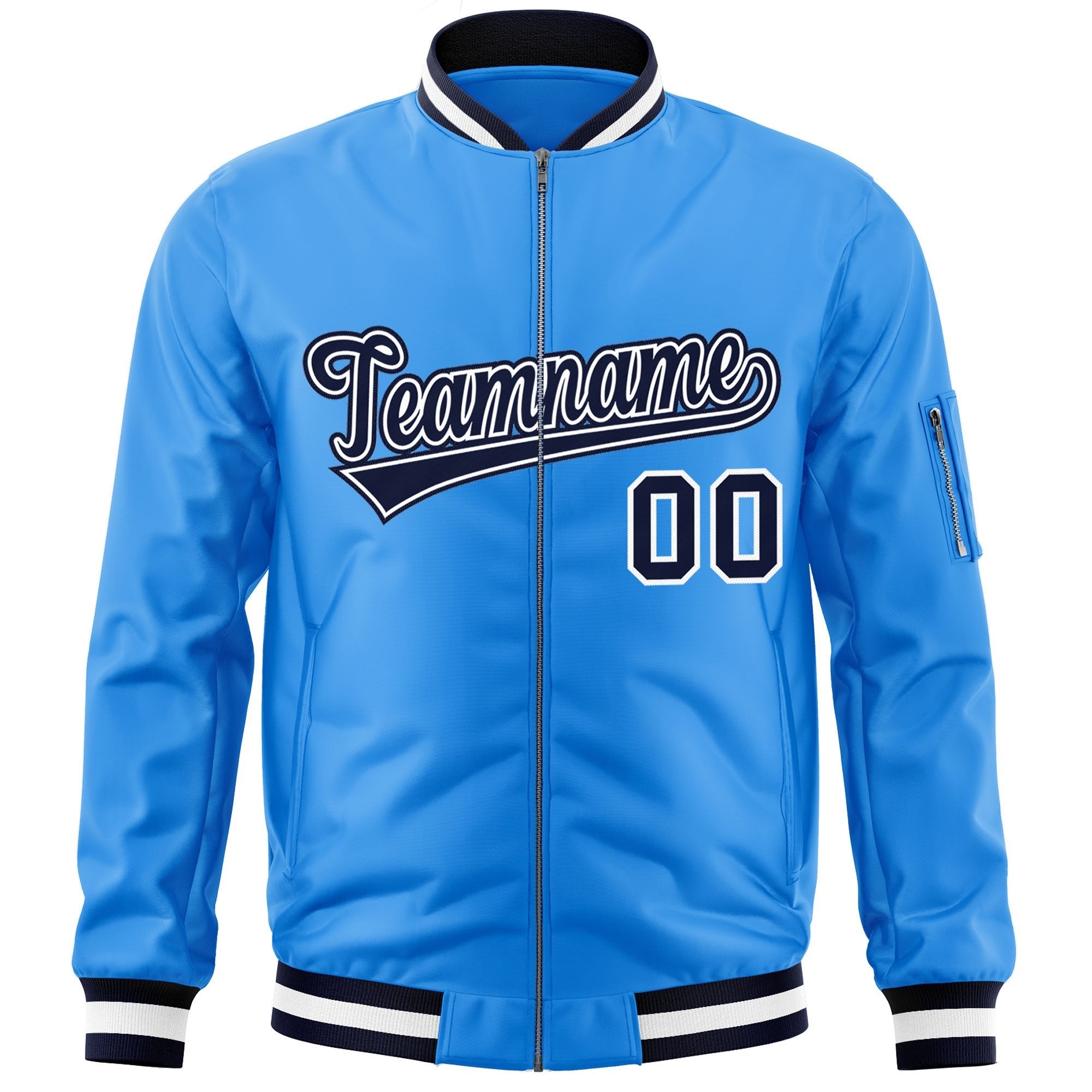 Custom Powder Blue Navy-White Varsity Full-Zip Letterman Bomber Jacket