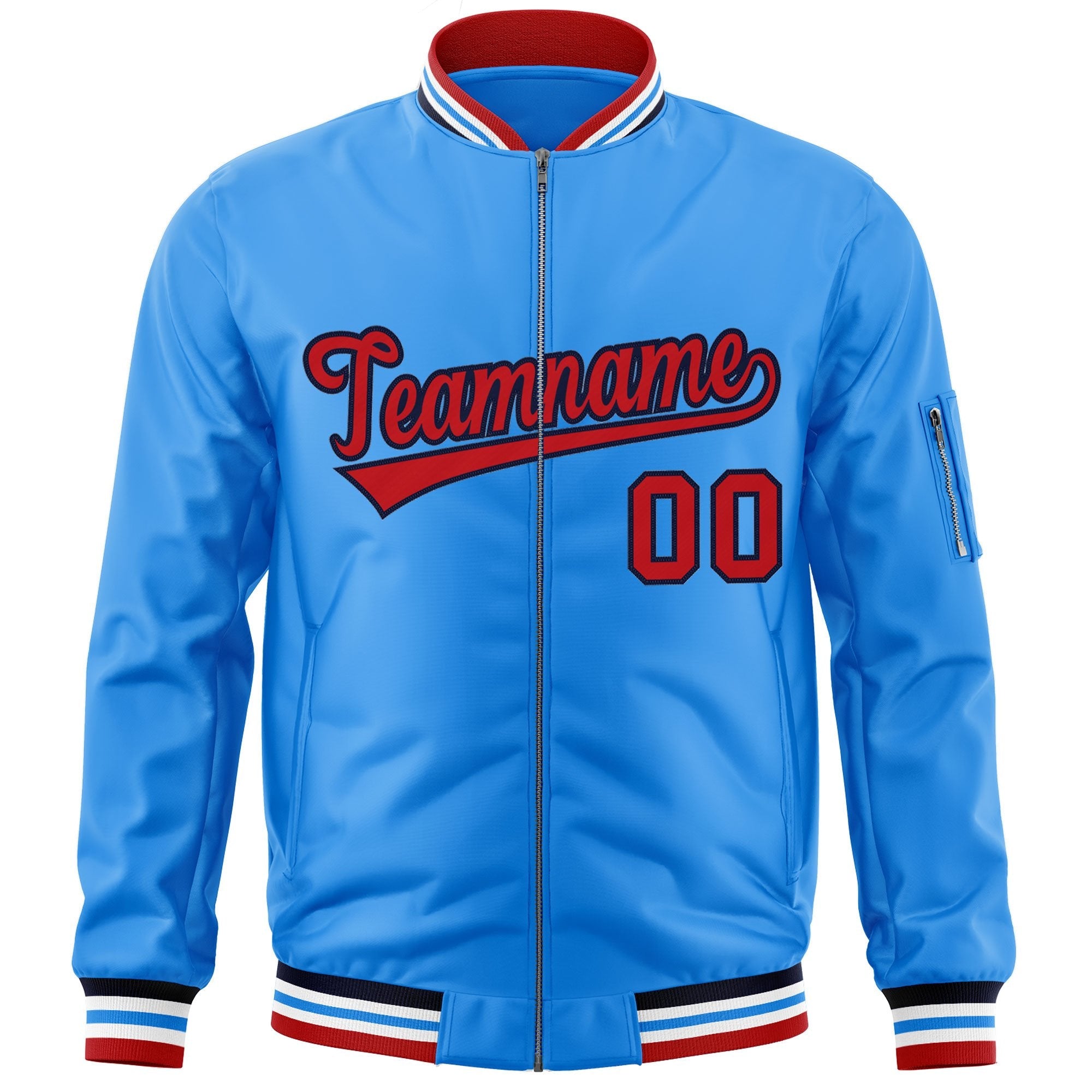 Custom Powder Blue Red-Navy Varsity Full-Zip Letterman Bomber Jacket