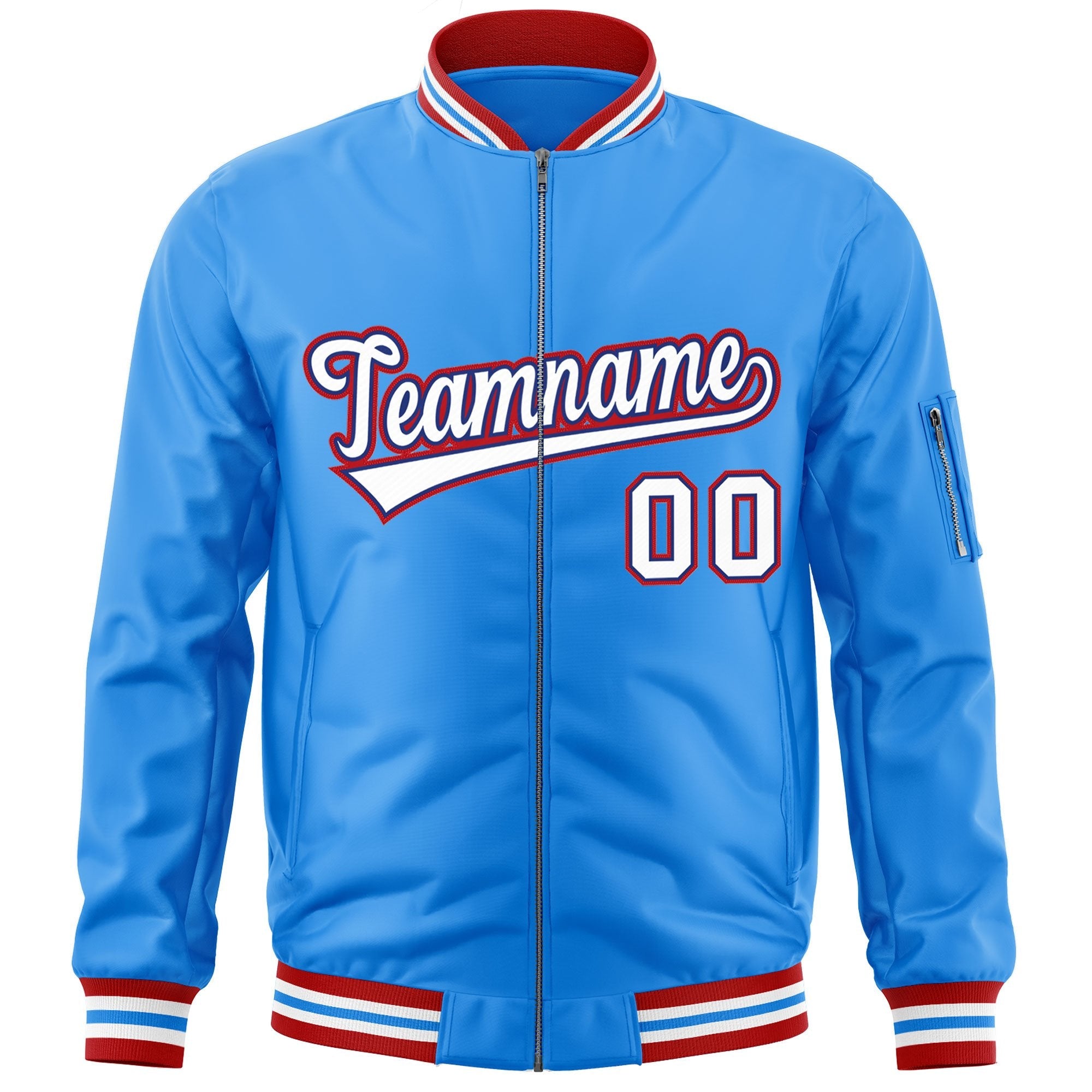 Custom Powder Blue White-Red Varsity Full-Zip Letterman Bomber Jacket