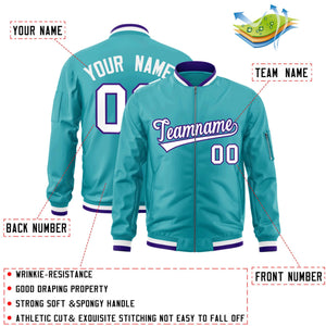 Custom Aqua White-Purple Varsity Full-Zip Letterman Bomber Jacket