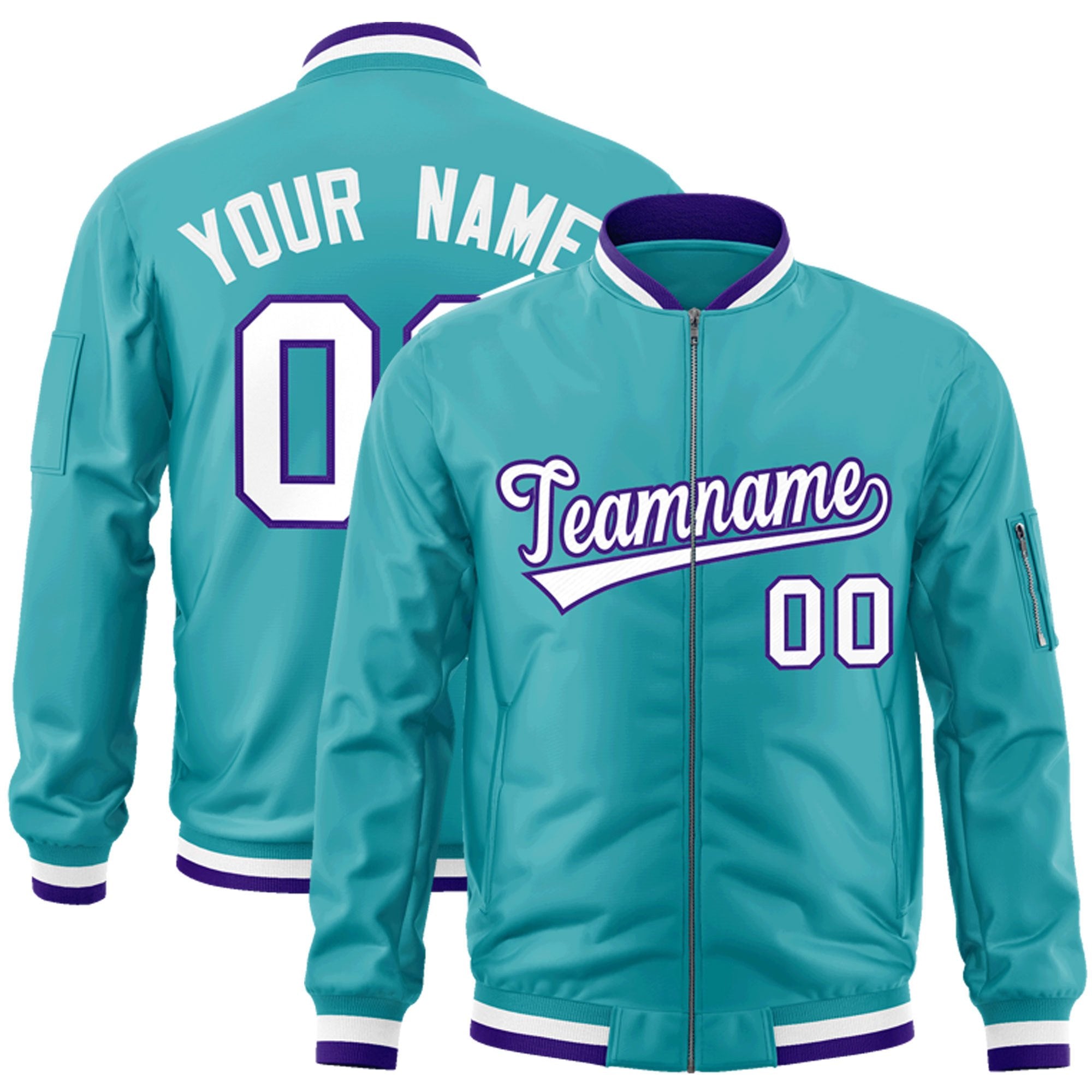 Custom Aqua White-Purple Varsity Full-Zip Letterman Bomber Jacket