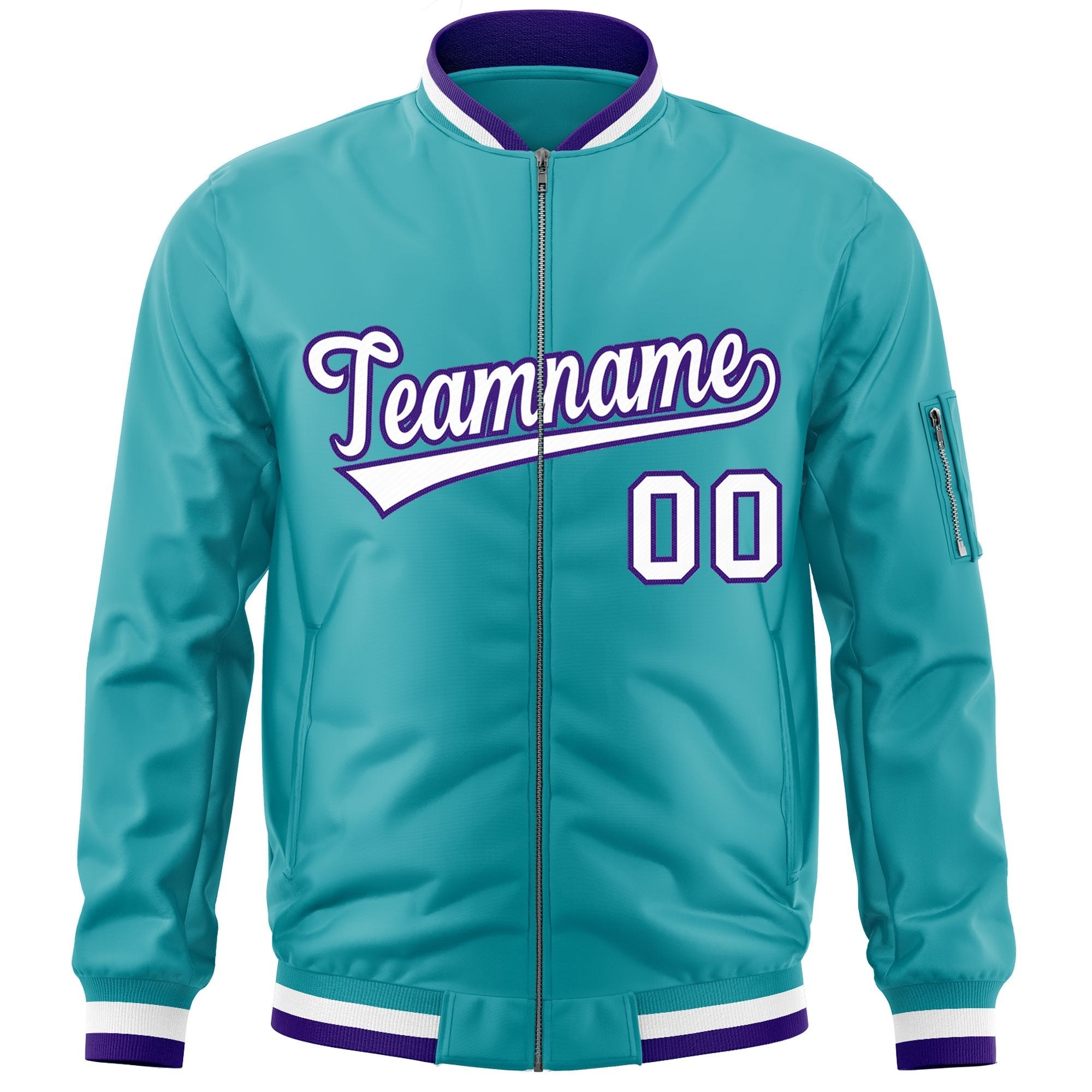 Custom Aqua White-Purple Varsity Full-Zip Letterman Bomber Jacket