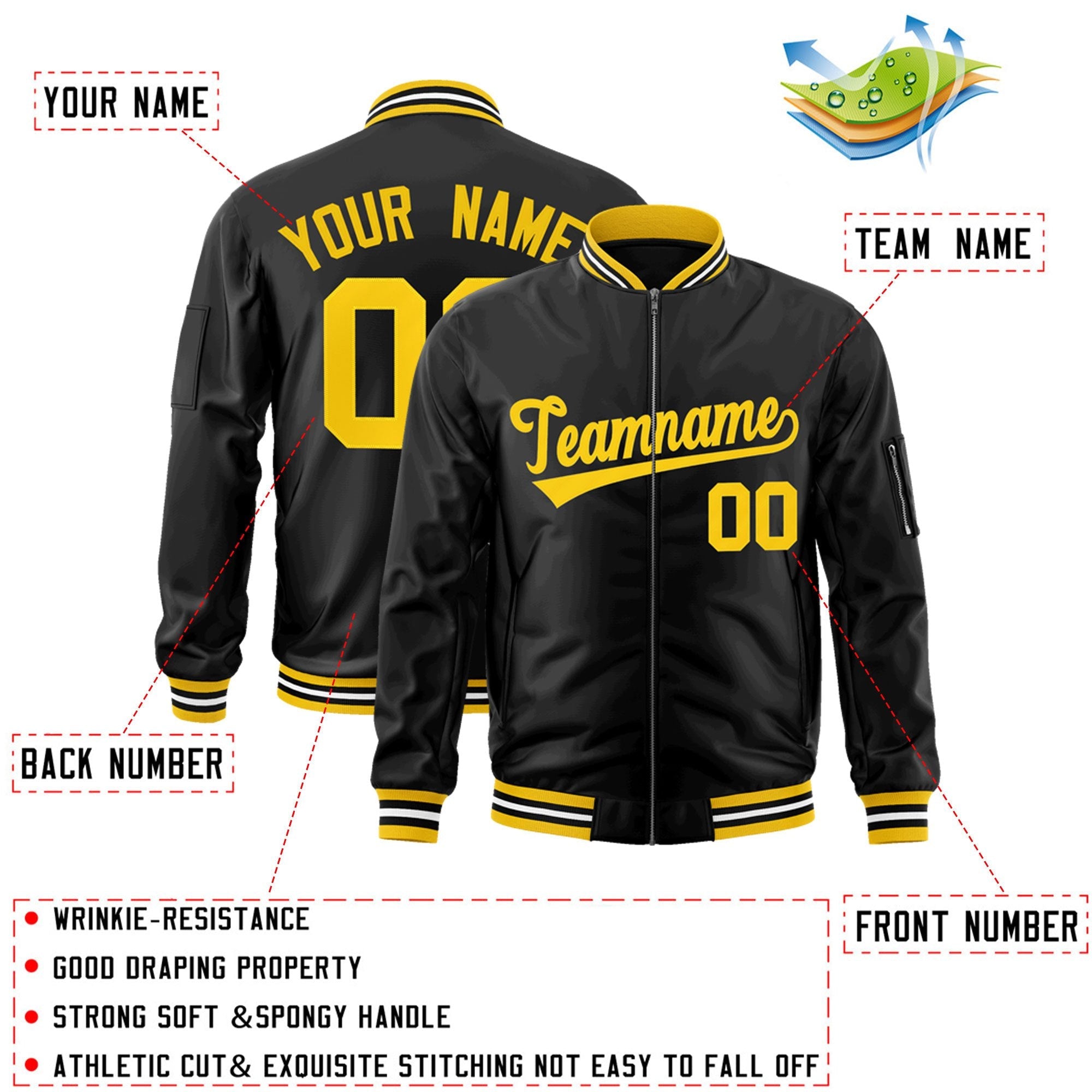 Custom Black Gold Varsity Full-Zip Letterman Bomber Jacket