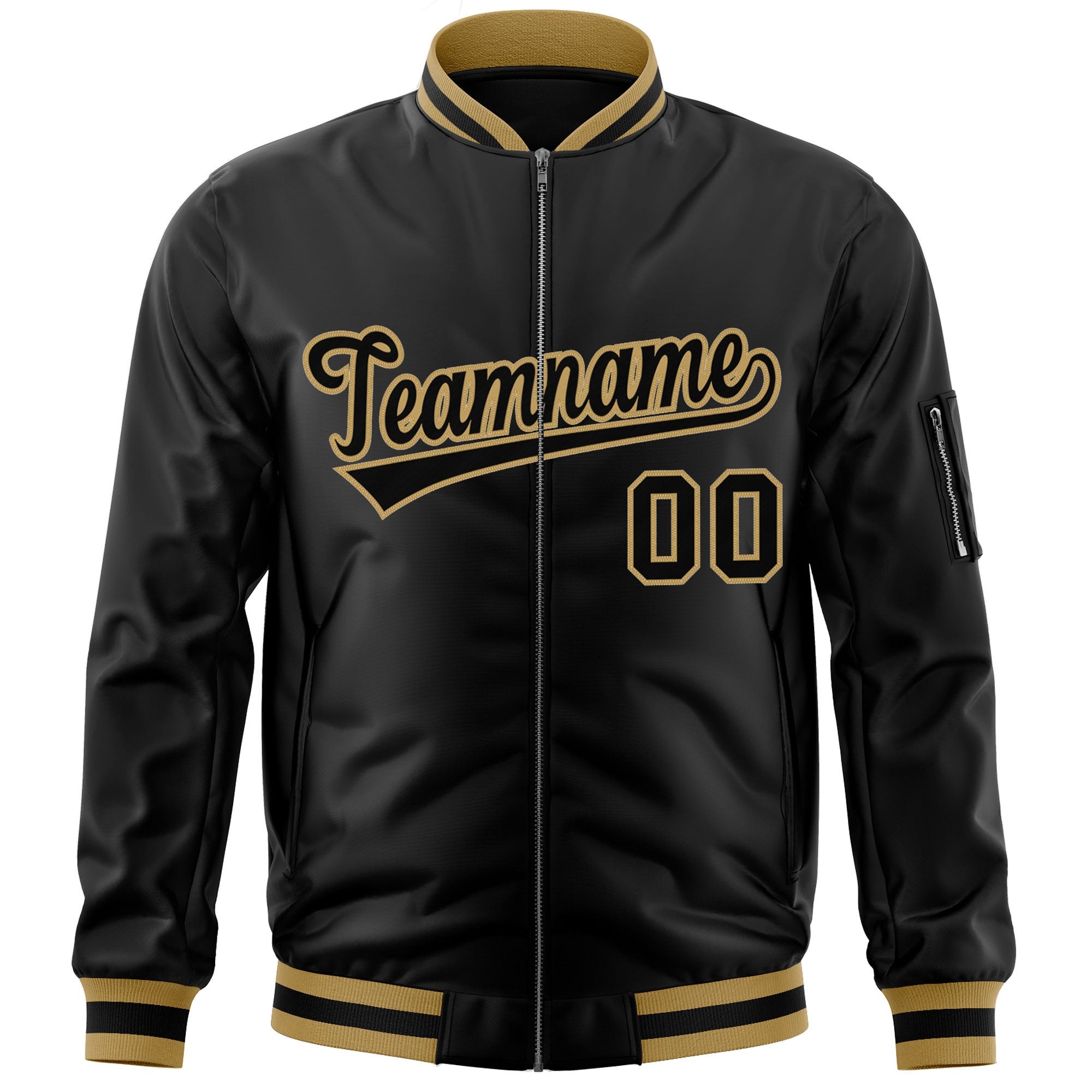 Custom Black Black-Old Gold Varsity Full-Zip Letterman Bomber Jacket