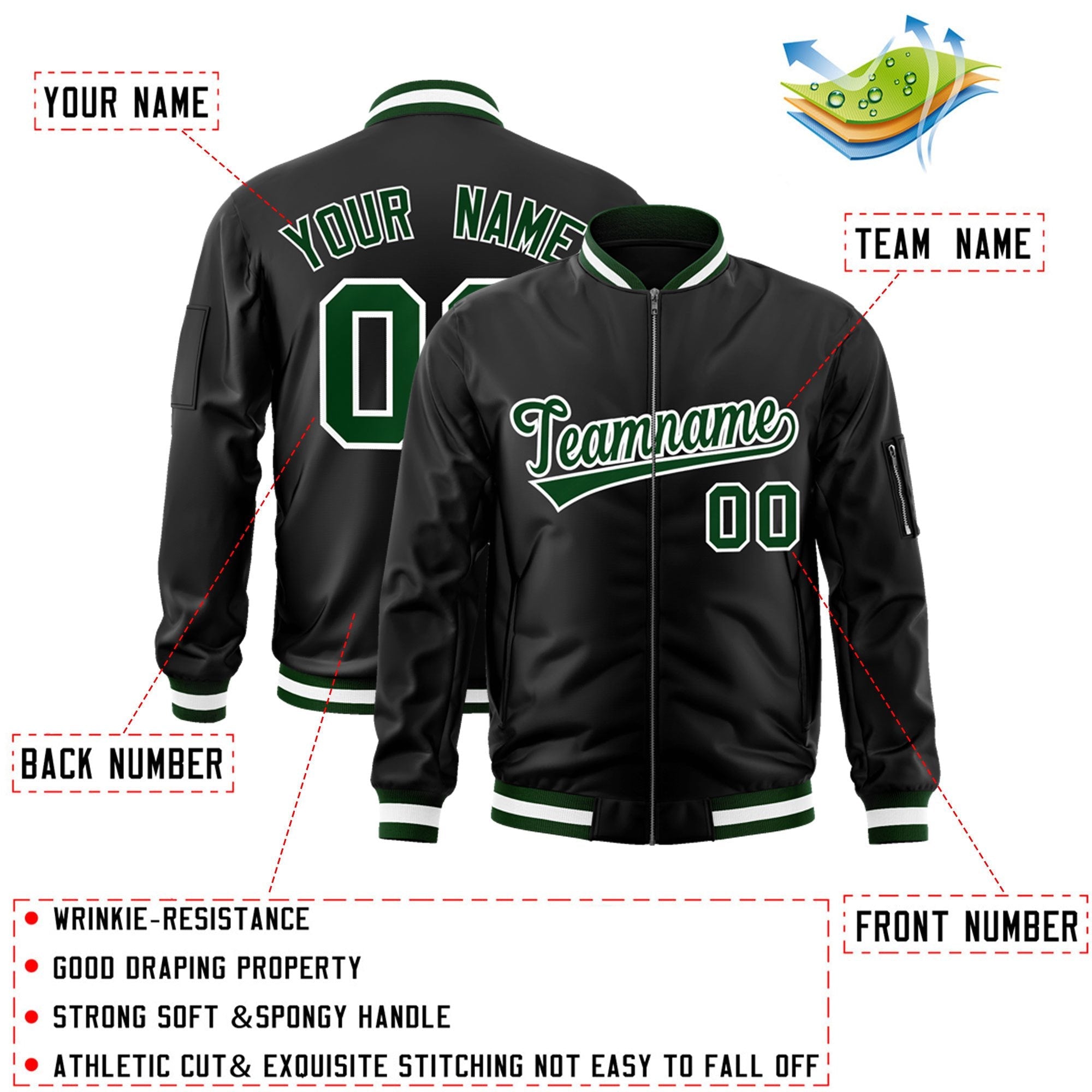 Custom Black Green-White Varsity Full-Zip Letterman Bomber Jacket