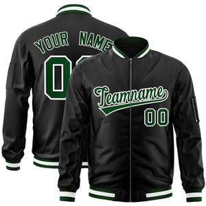 Custom Black Green-White Varsity Full-Zip Letterman Bomber Jacket