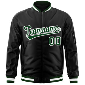 Custom Black Green-White Varsity Full-Zip Letterman Bomber Jacket