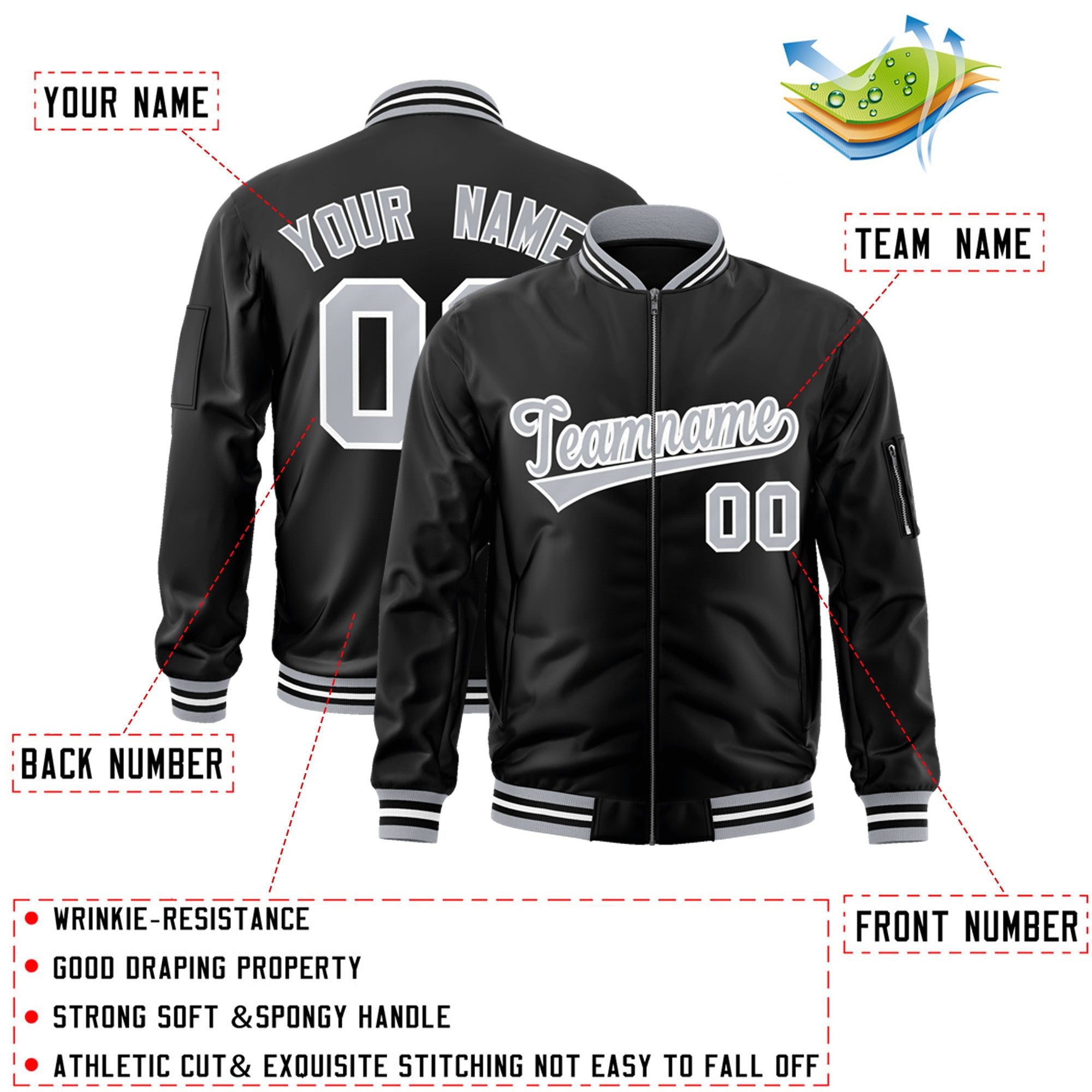 Custom Black Gray-White Varsity Full-Zip Letterman Bomber Jacket