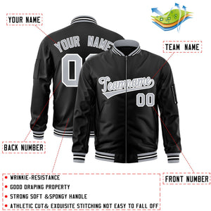 Custom Black Gray-White Varsity Full-Zip Letterman Bomber Jacket