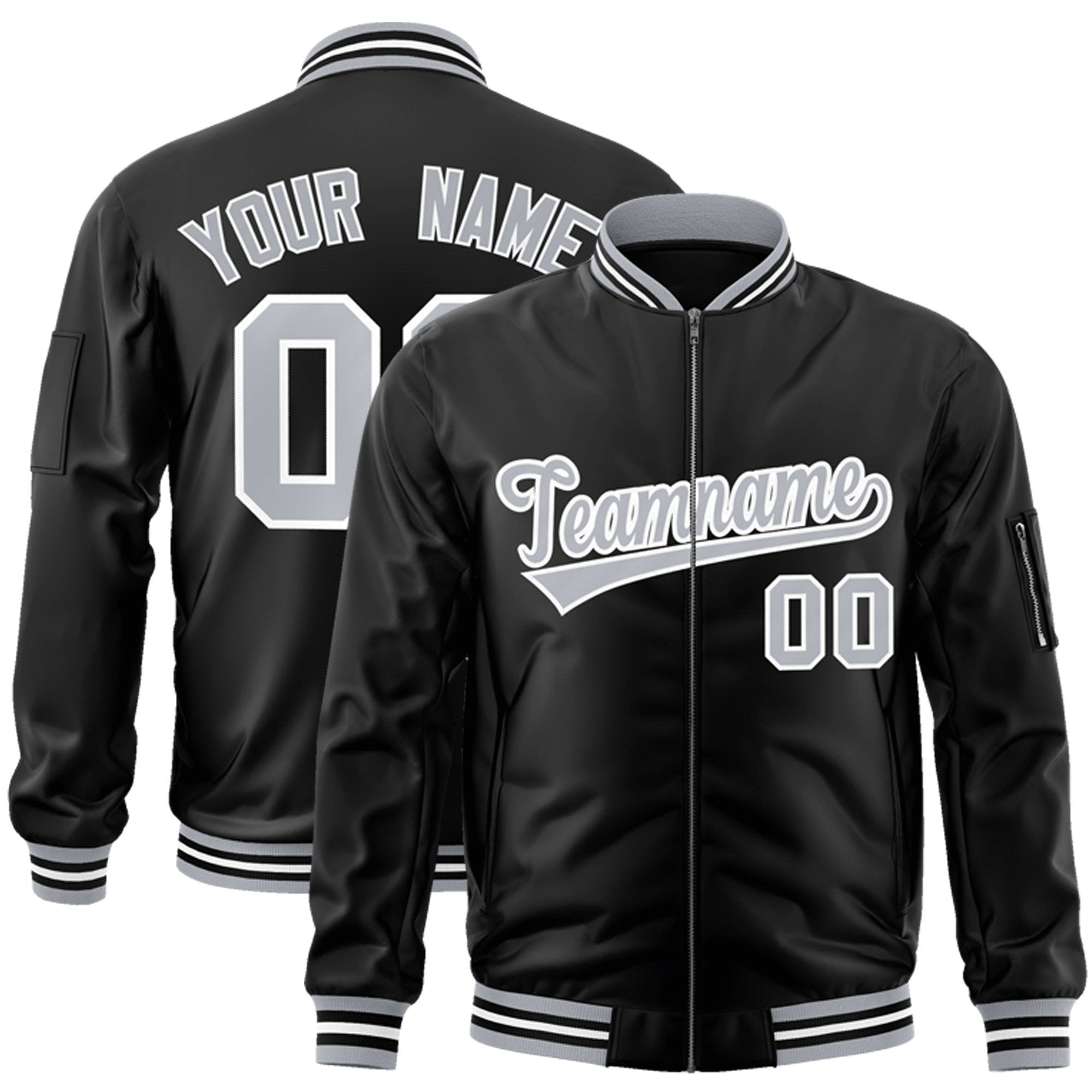 Custom Black Gray-White Varsity Full-Zip Letterman Bomber Jacket