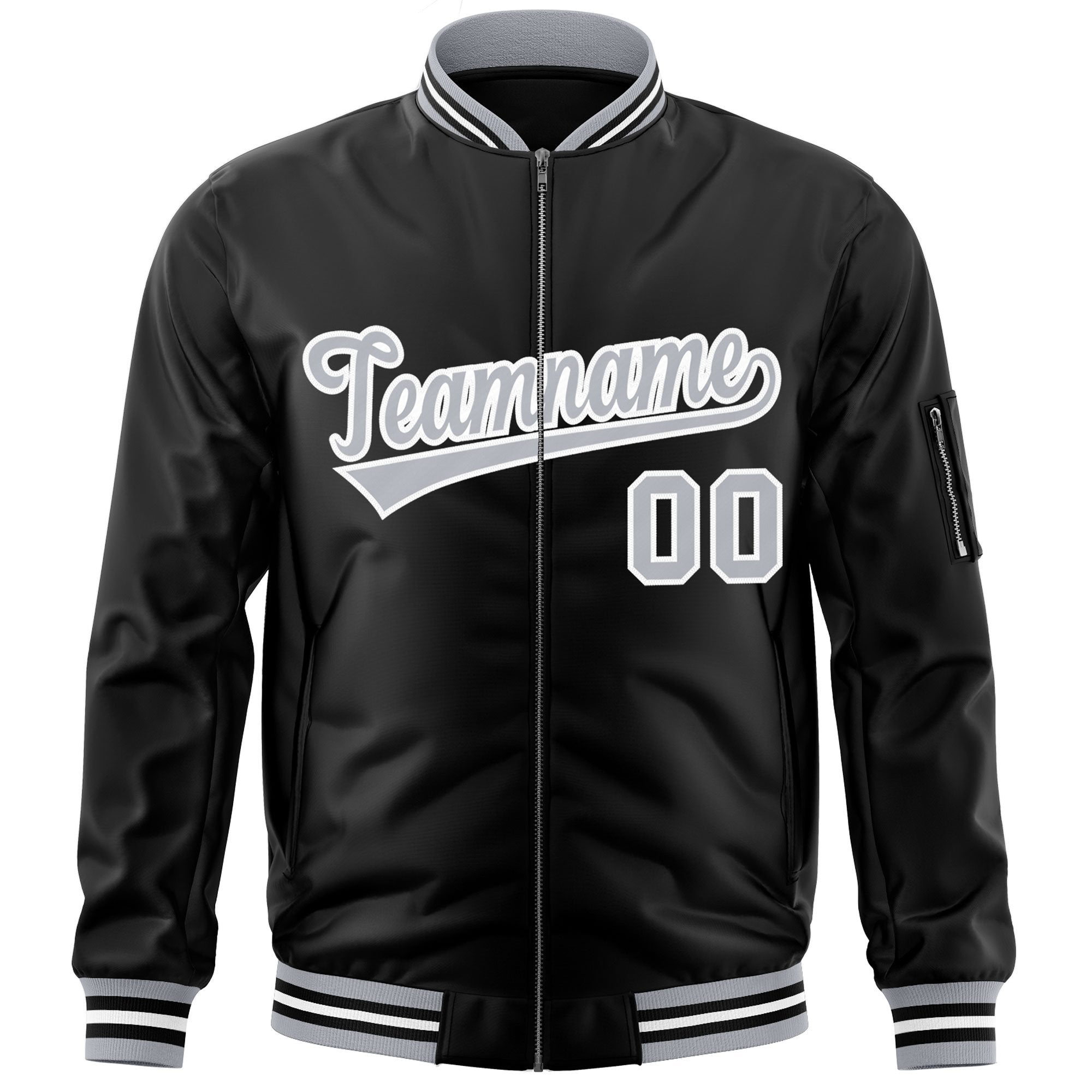 Custom Black Gray-White Varsity Full-Zip Letterman Bomber Jacket