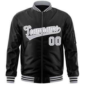 Custom Black Gray-White Varsity Full-Zip Letterman Bomber Jacket