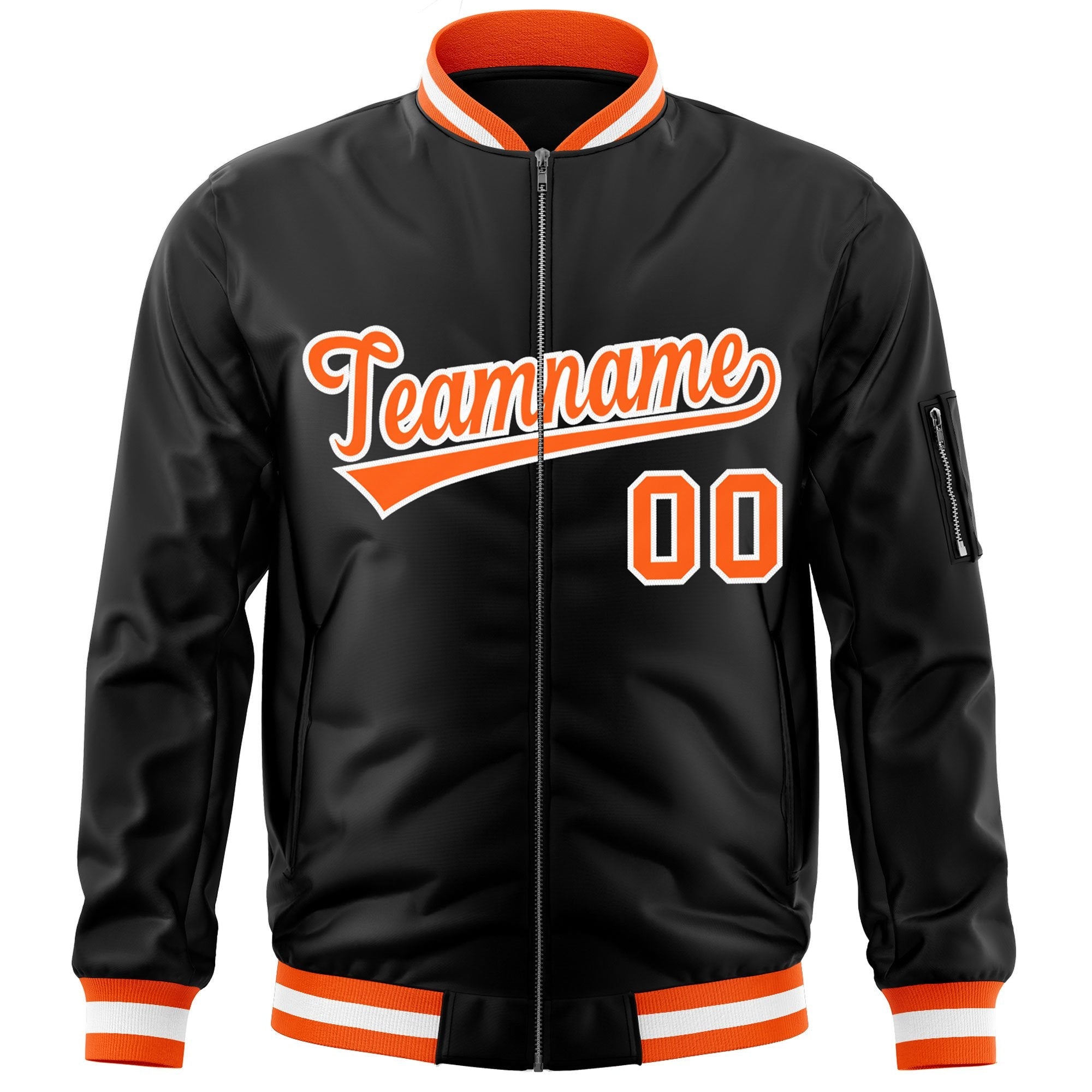 Custom Black Orange-White Varsity Full-Zip Letterman Bomber Jacket