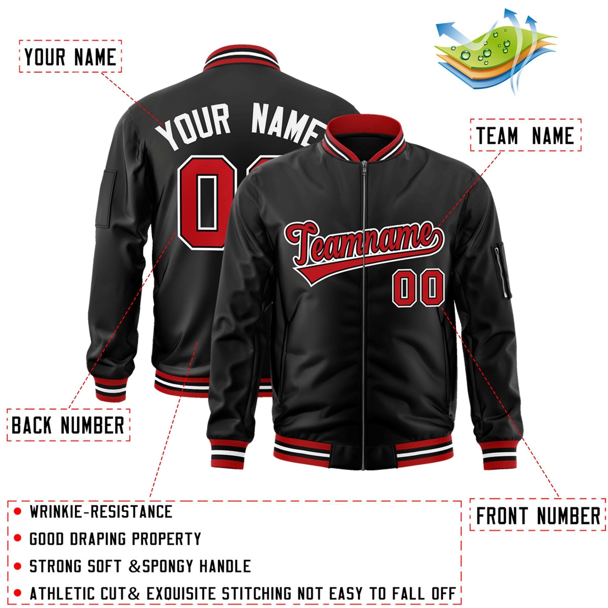 Custom Black Red-White Varsity Full-Zip Letterman Bomber Jacket