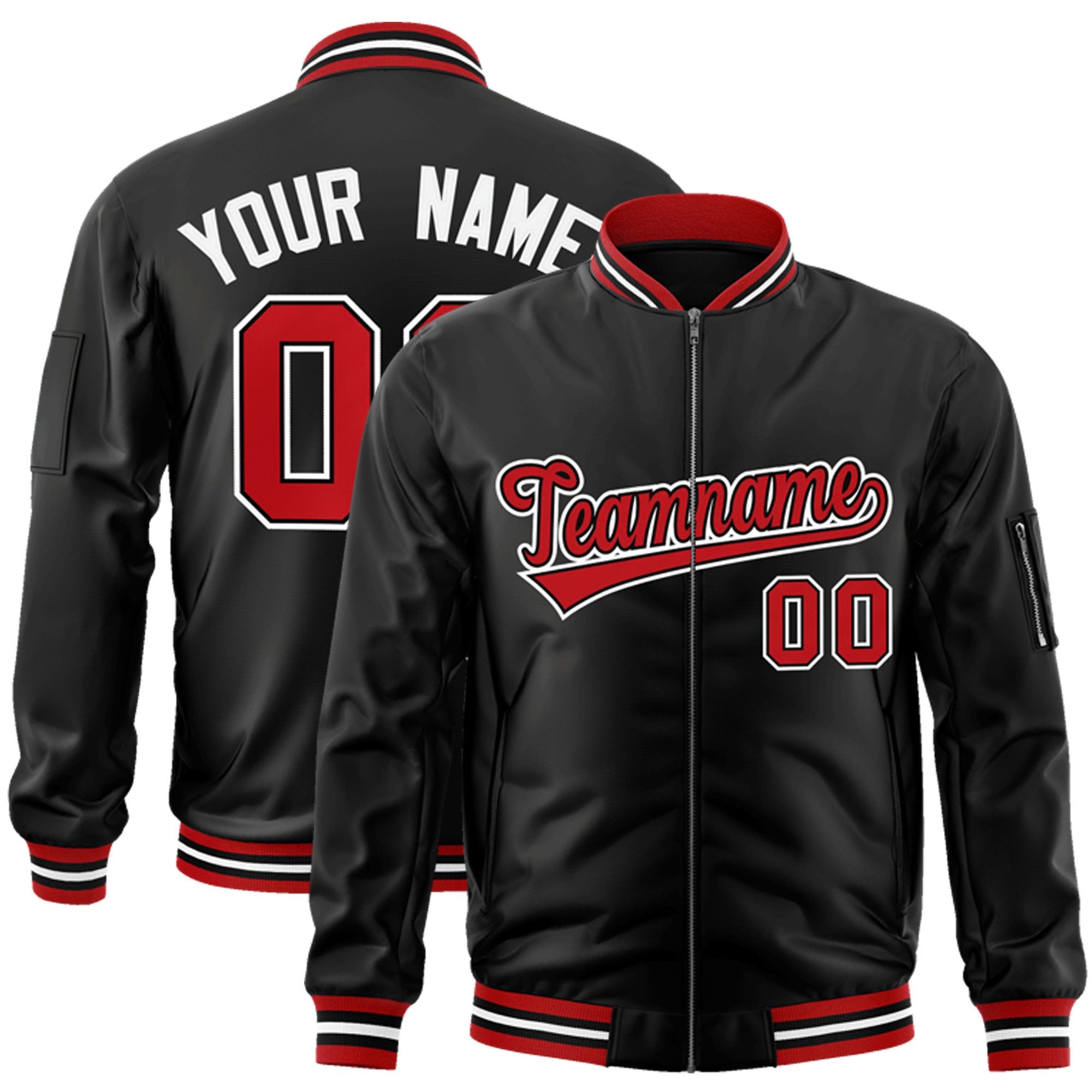 Custom Black Red-White Varsity Full-Zip Letterman Bomber Jacket