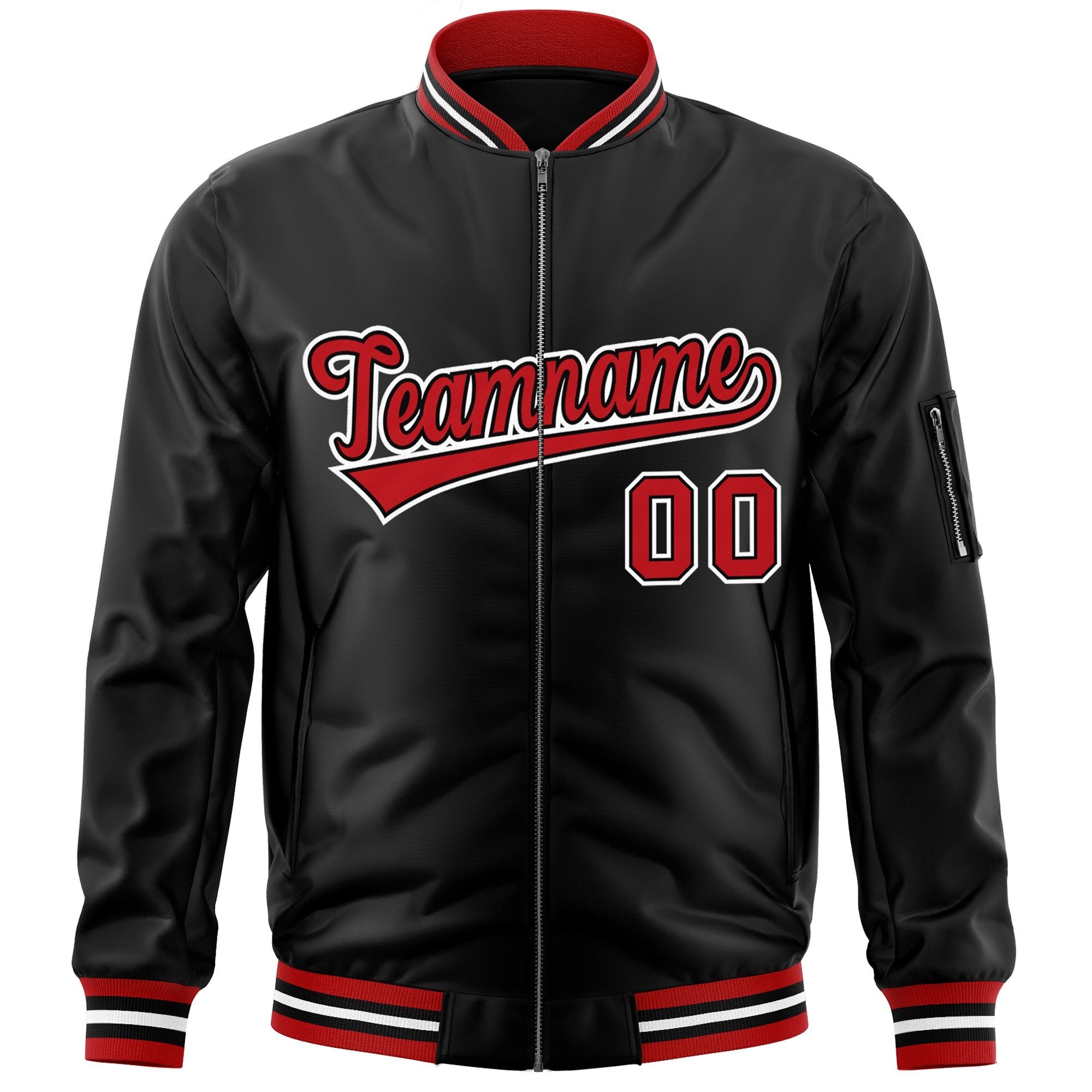 Custom Black Red-White Varsity Full-Zip Letterman Bomber Jacket