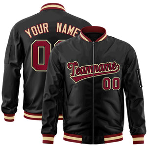 Custom Black Crimson-Black Varsity Full-Zip Letterman Bomber Jacket