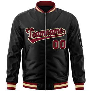 Custom Black Crimson-Black Varsity Full-Zip Letterman Bomber Jacket