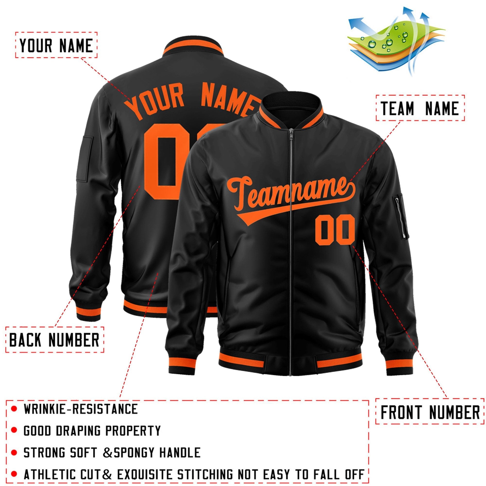 Custom Black Orange Varsity Full-Zip Letterman Bomber Jacket