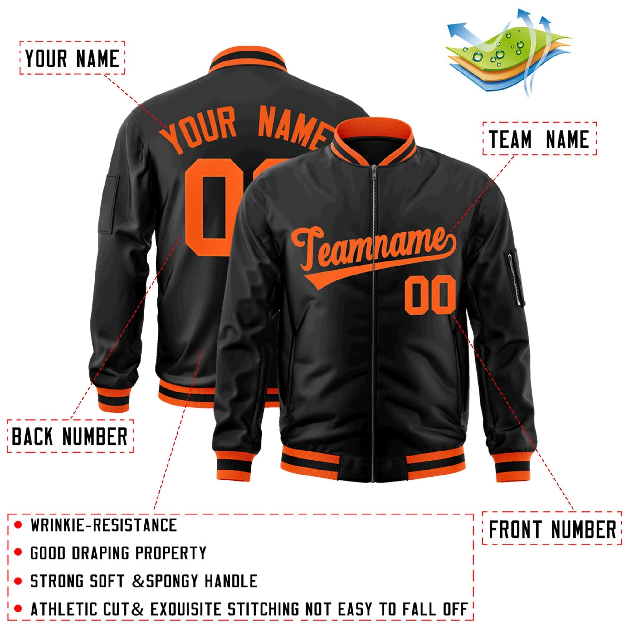 Custom Black Orange Varsity Full-Zip Letterman Bomber Jacket