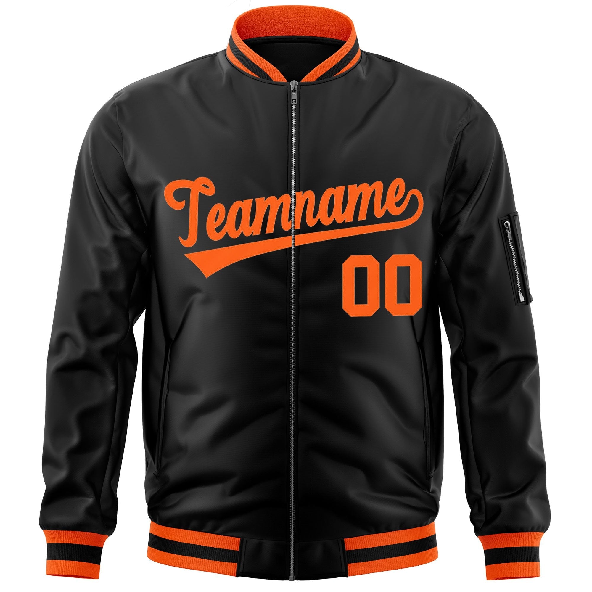 Custom Black Orange Varsity Full-Zip Letterman Bomber Jacket