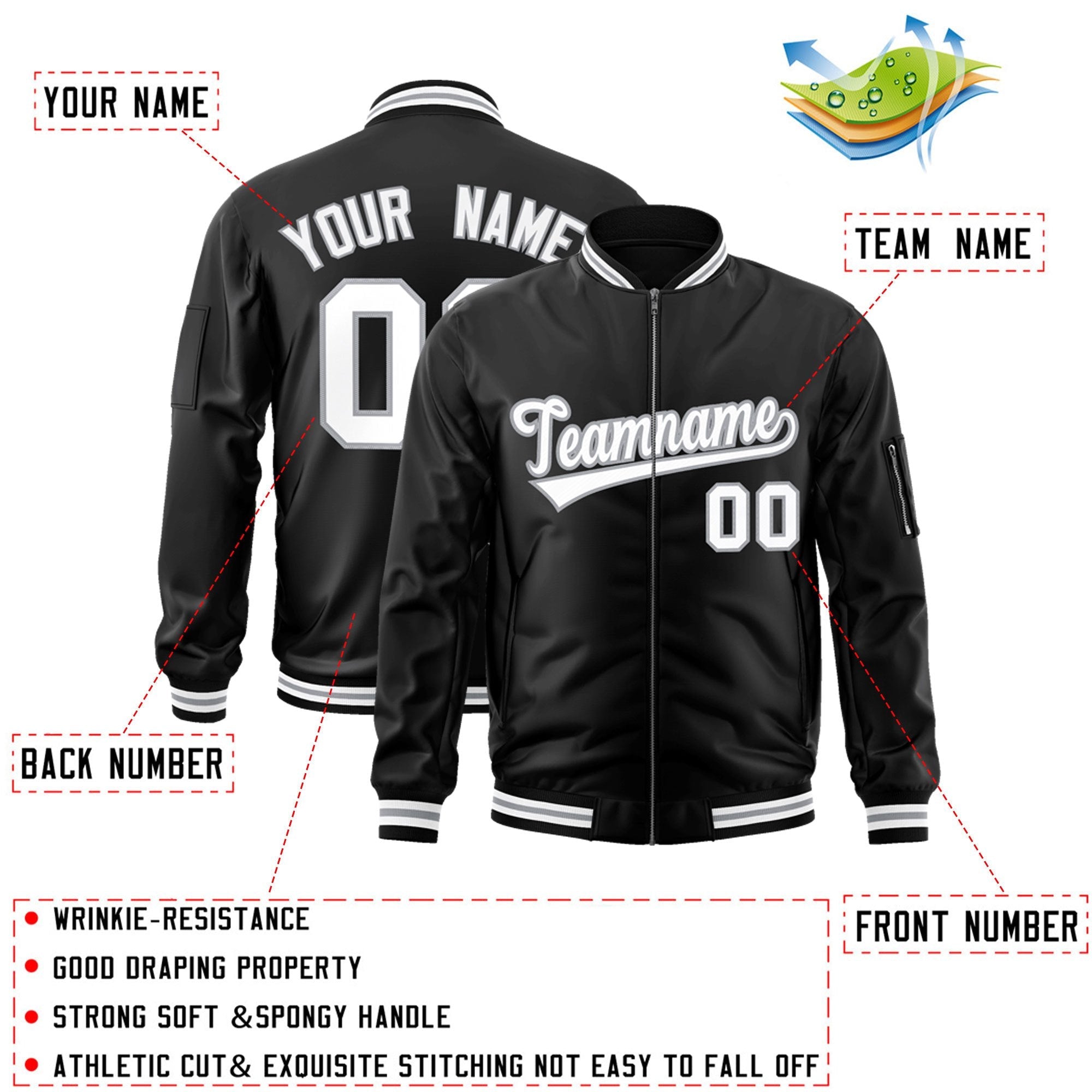 Custom Black White-Gray Varsity Full-Zip Letterman Bomber Jacket