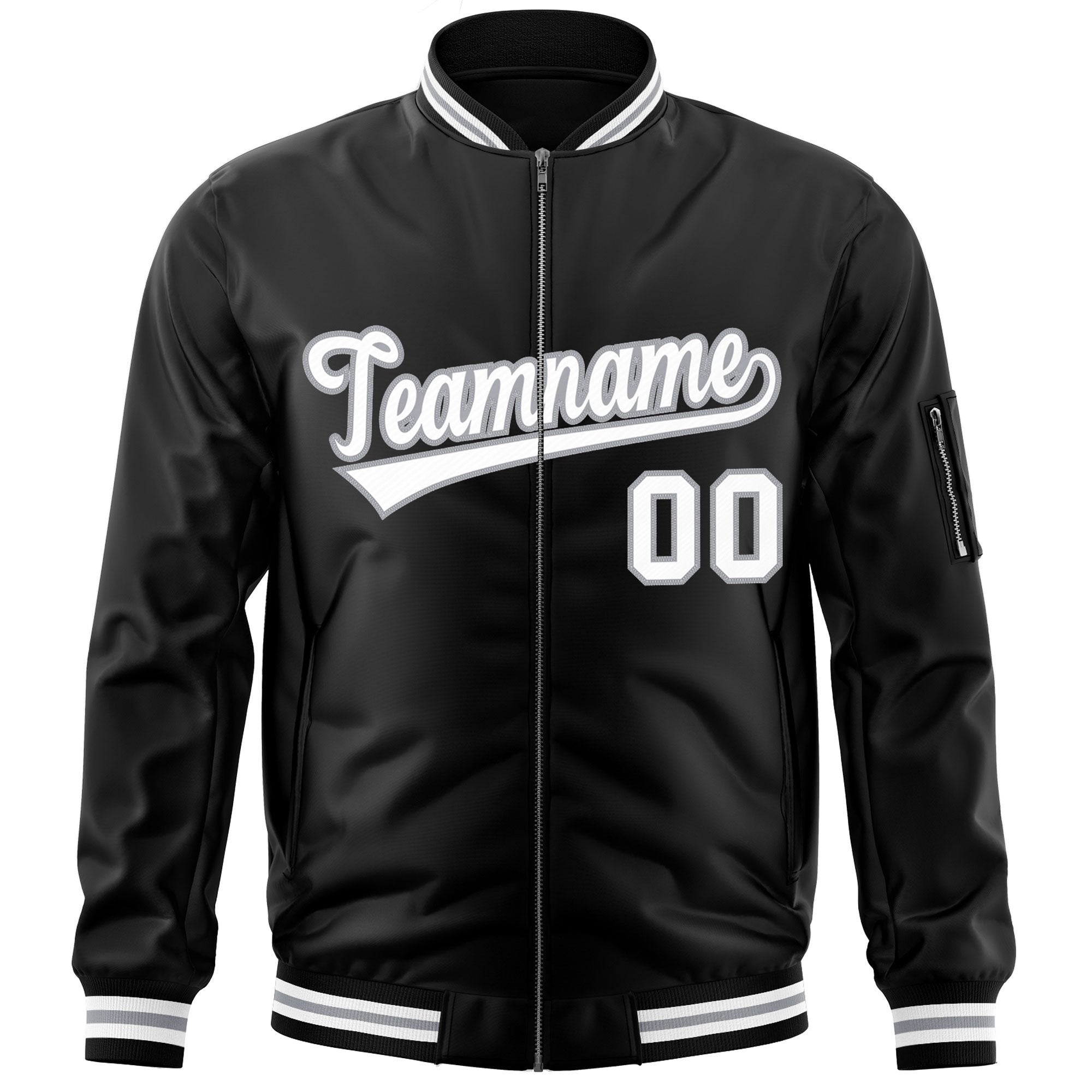 Custom Black White-Gray Varsity Full-Zip Letterman Bomber Jacket