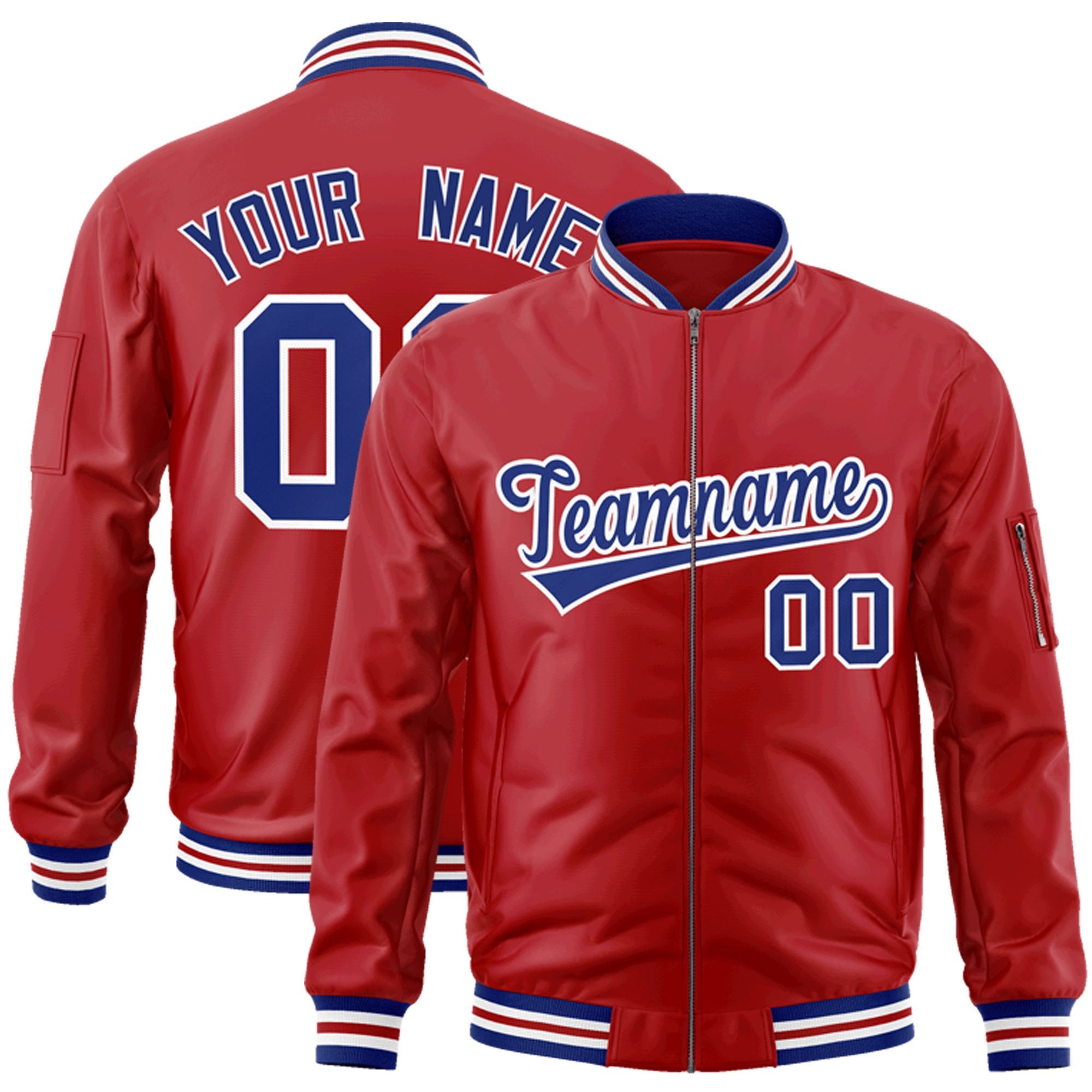 Custom Red Royal-White Varsity Full-Zip Letterman Bomber Jacket