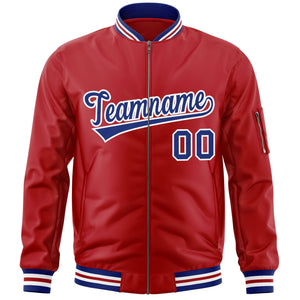 Custom Red Royal-White Varsity Full-Zip Letterman Bomber Jacket