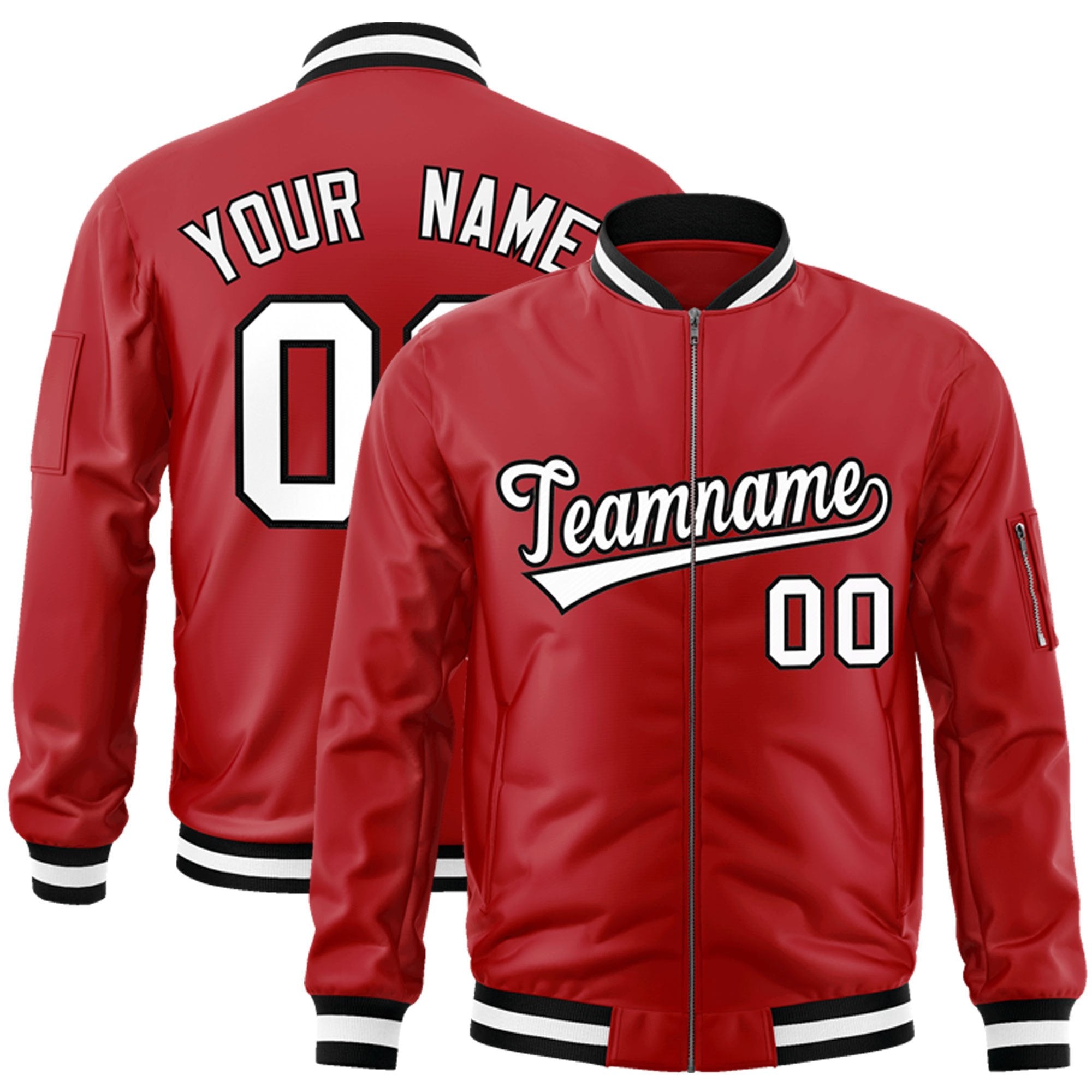 Custom Red White-Black Varsity Full-Zip Letterman Bomber Jacket