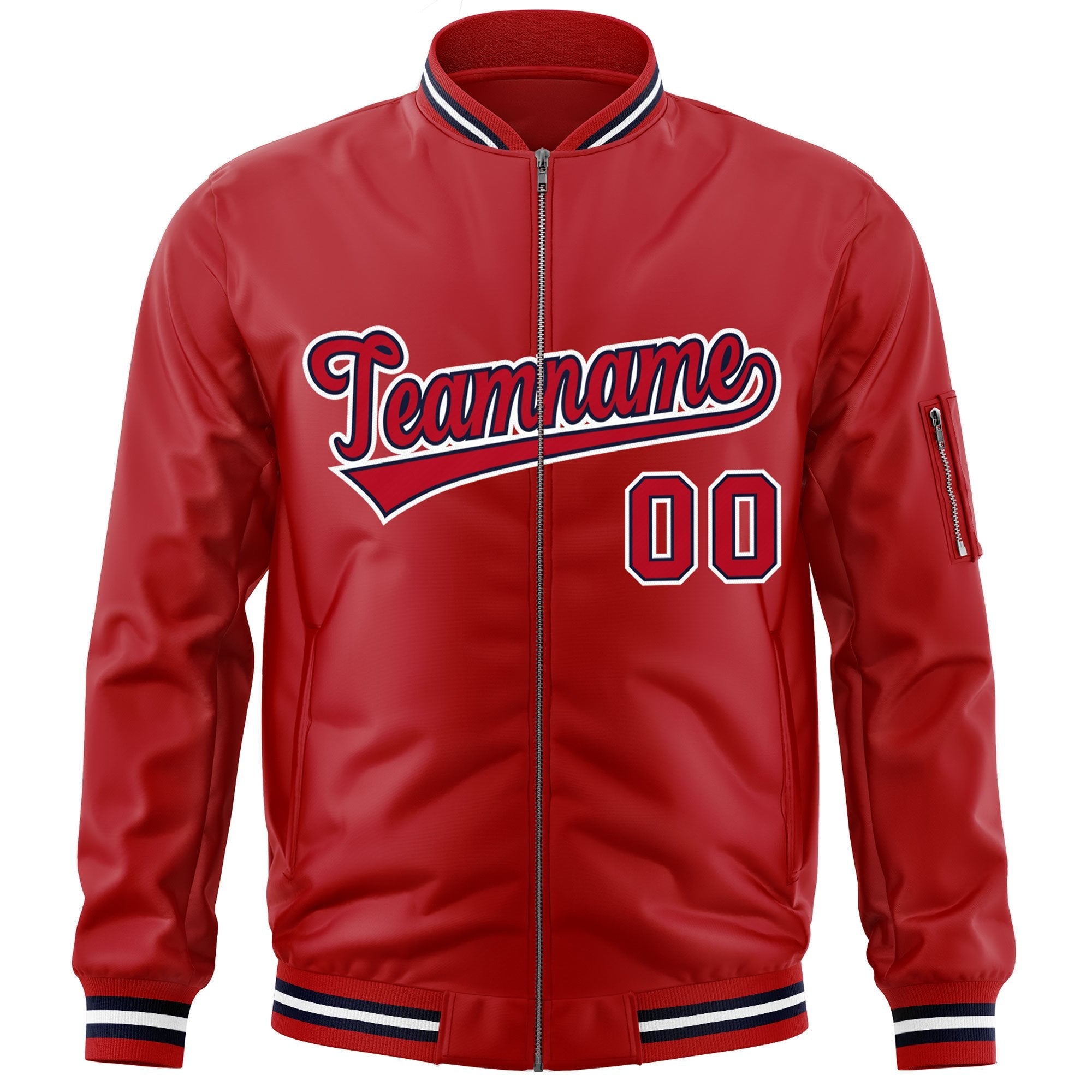 Custom Red Navy-White Varsity Full-Zip Letterman Bomber Jacket